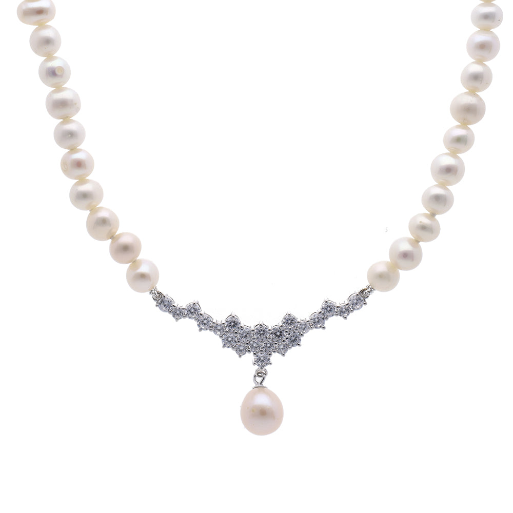 Sterling Silver Cubic Zirconia Fresh Water Pearl Necklace