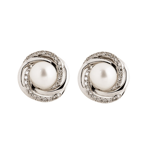 9k White Gold, Diamond & Pearl Swirl Earring