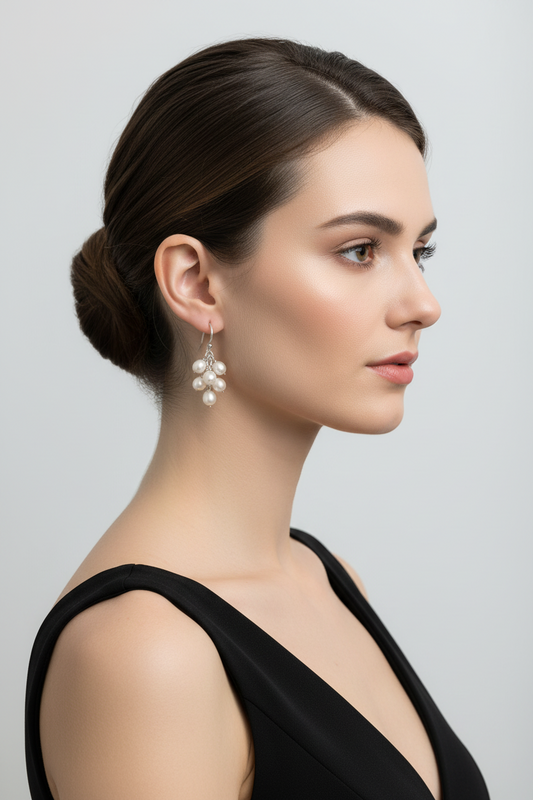 Pearl earrings on a stand against a light background