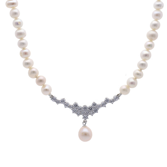 Sterling Silver Cubic Zirconia Fresh Water Pearl Necklace